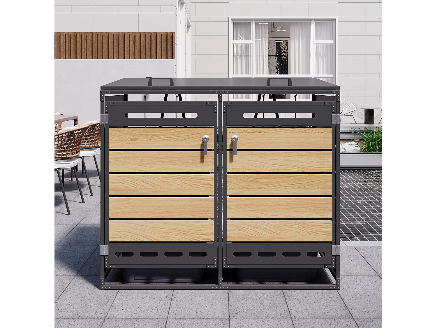 Cobertizo para 2 contenedores de jardín - 131 x 79 x 116 cm - con tapa hidráulica + cerradura + 2 puertas - metal - negro