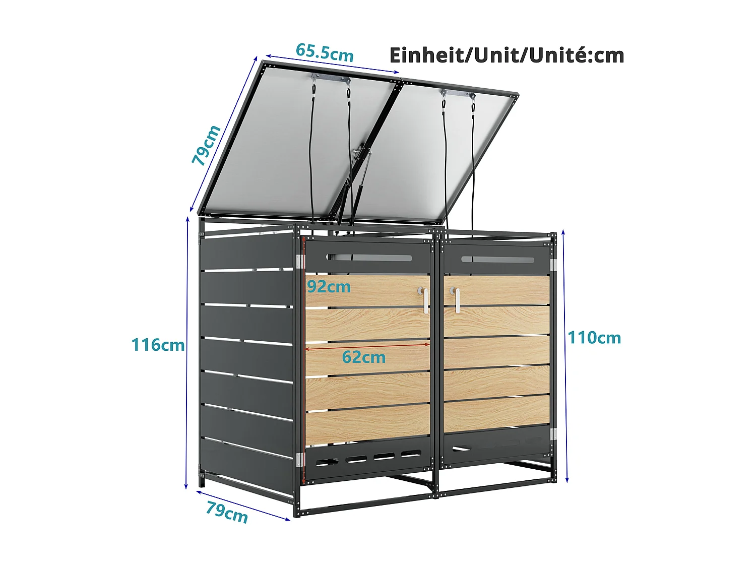 Cobertizo para 2 contenedores de jardín - 131 x 79 x 116 cm - con tapa hidráulica + cerradura + 2 puertas - metal - negro