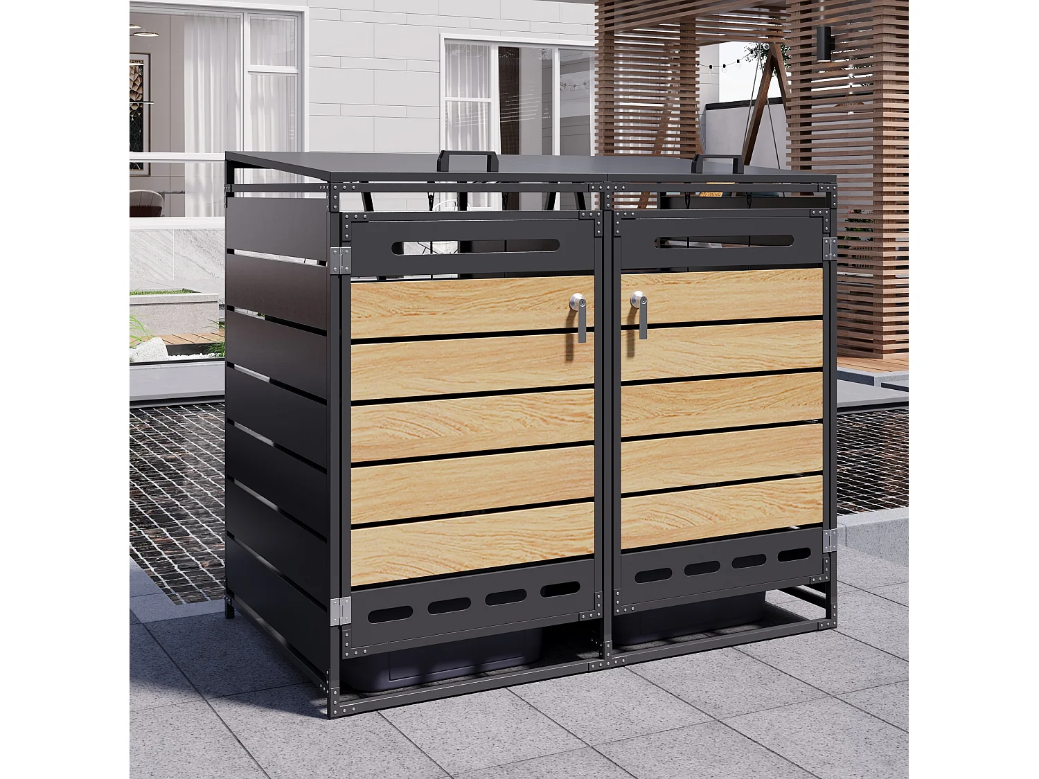 Cobertizo para 2 contenedores de jardín - 131 x 79 x 116 cm - con tapa hidráulica + cerradura + 2 puertas - metal - negro