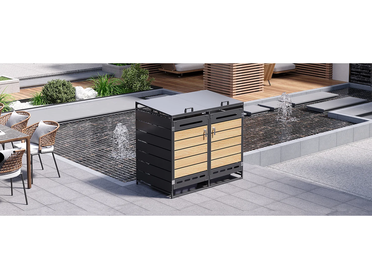 Cobertizo para 2 contenedores de jardín - 131 x 79 x 116 cm - con tapa hidráulica + cerradura + 2 puertas - metal - negro