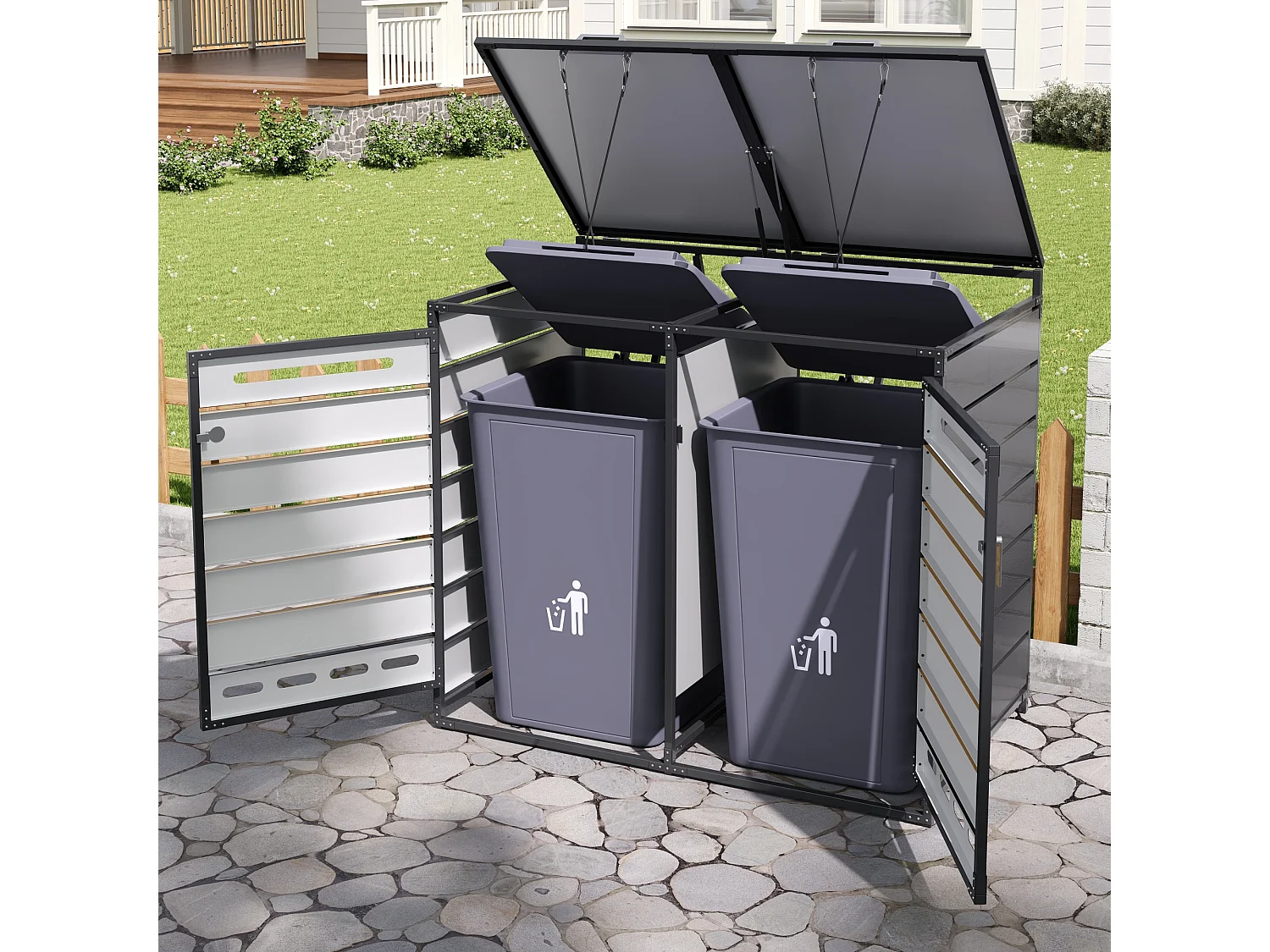 Cobertizo para 2 contenedores de jardín - 131 x 79 x 116 cm - con tapa hidráulica + cerradura + 2 puertas - metal - negro