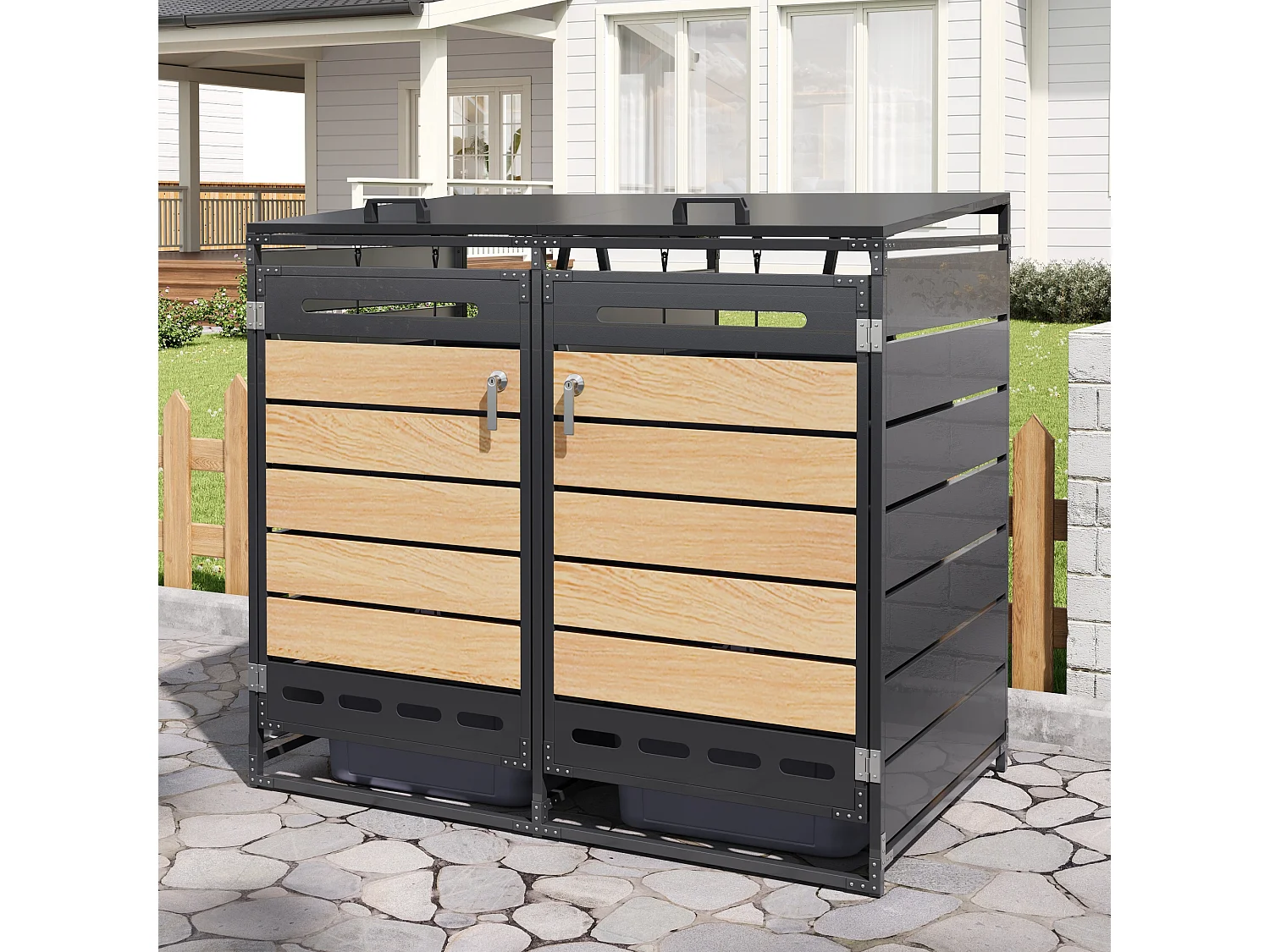 Cobertizo para 2 contenedores de jardín - 131 x 79 x 116 cm - con tapa hidráulica + cerradura + 2 puertas - metal - negro