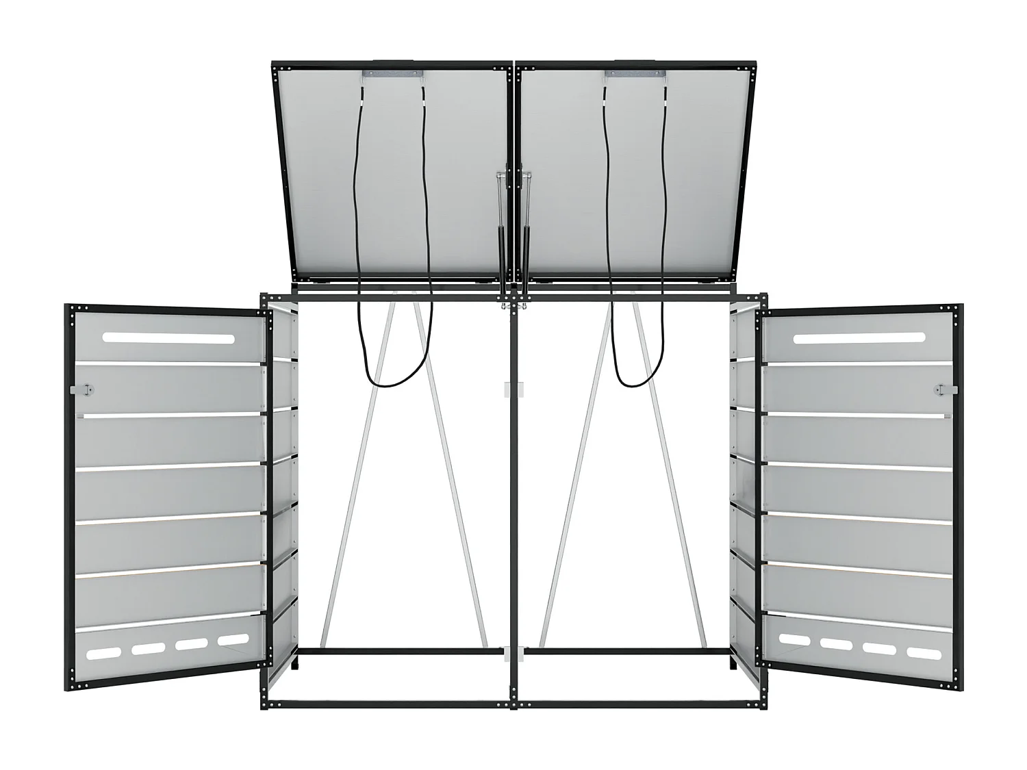 Cobertizo para 2 contenedores de jardín - 131 x 79 x 116 cm - con tapa hidráulica + cerradura + 2 puertas - metal - negro