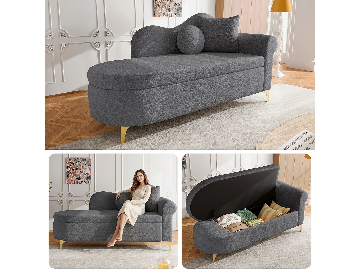 Méridienne moderne de dossier ondulé - 134 x 64 x 70 cm - avec rangement + coussins - gris