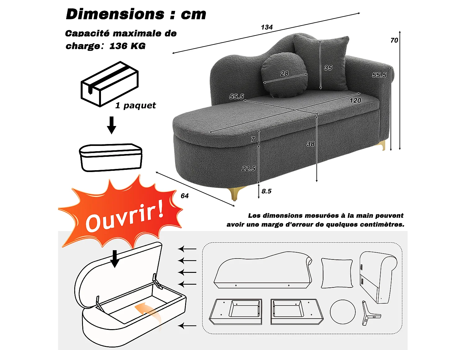 Méridienne moderne de dossier ondulé - 134 x 64 x 70 cm - avec rangement + coussins - gris
