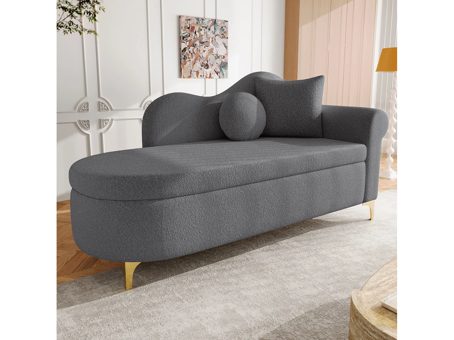 Méridienne moderne de dossier ondulé - 134 x 64 x 70 cm - avec rangement + coussins - gris