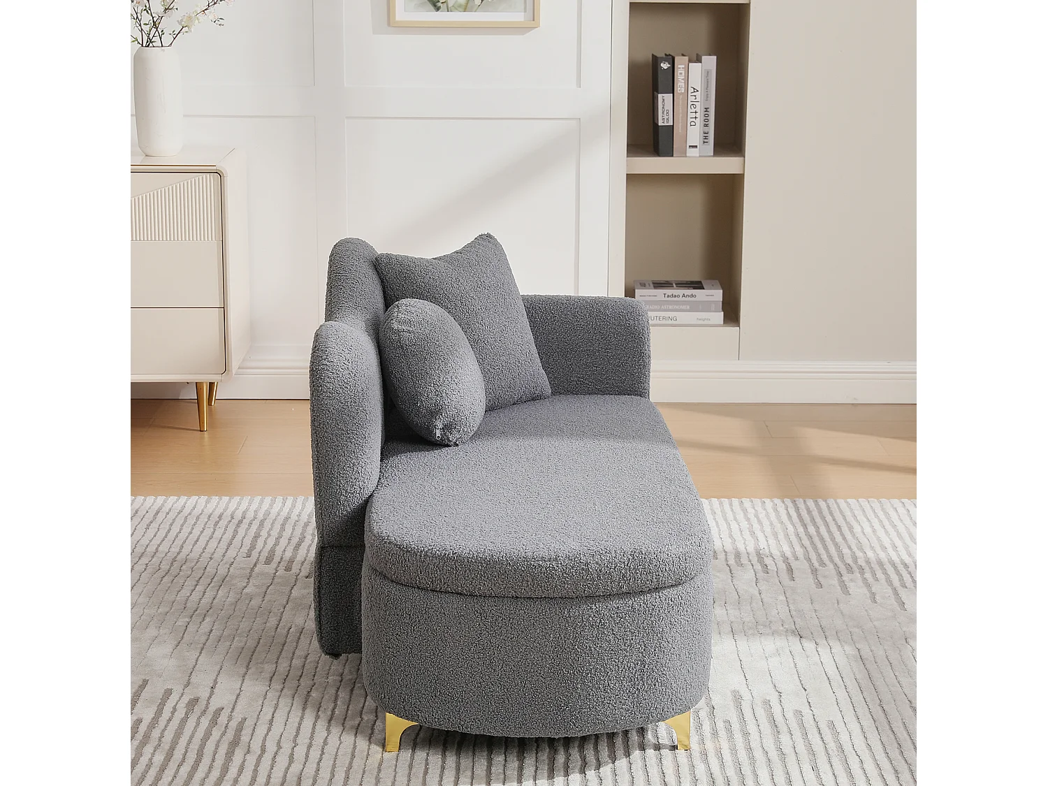 Méridienne moderne de dossier ondulé - 134 x 64 x 70 cm - avec rangement + coussins - gris