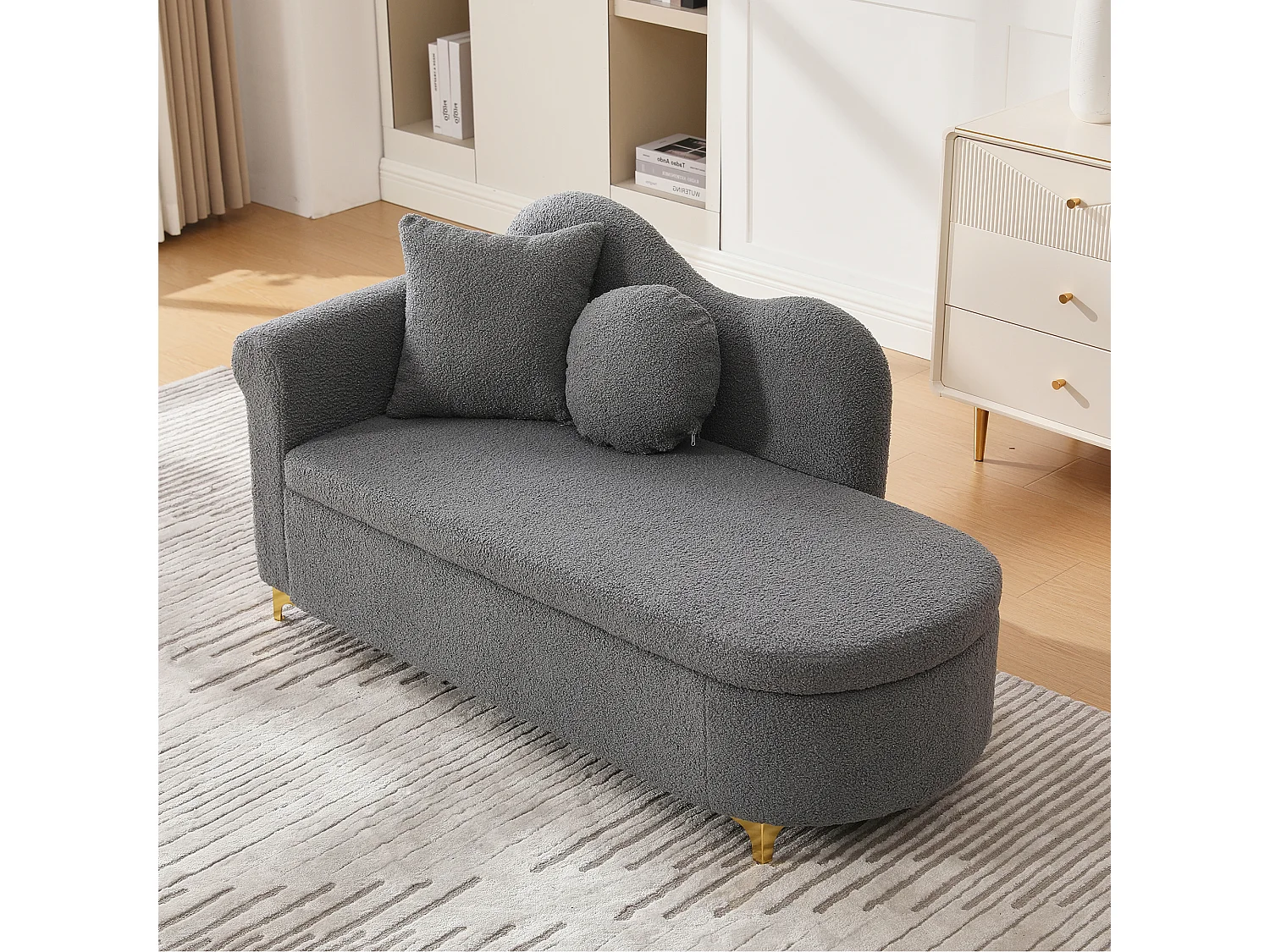 Méridienne moderne de dossier ondulé - 134 x 64 x 70 cm - avec rangement + coussins - gris