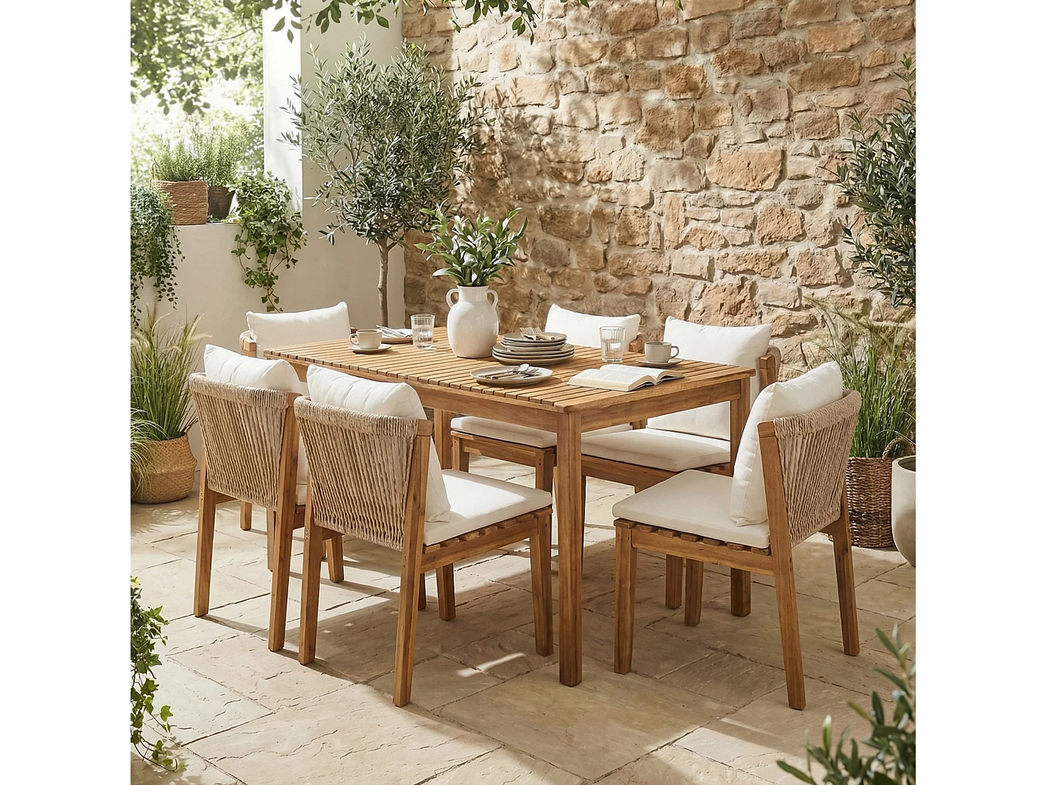 Ensemble table et chaise de jardin 6 places - avec 1 table + 6 chaises - Structure et plateau en bois massif - beige