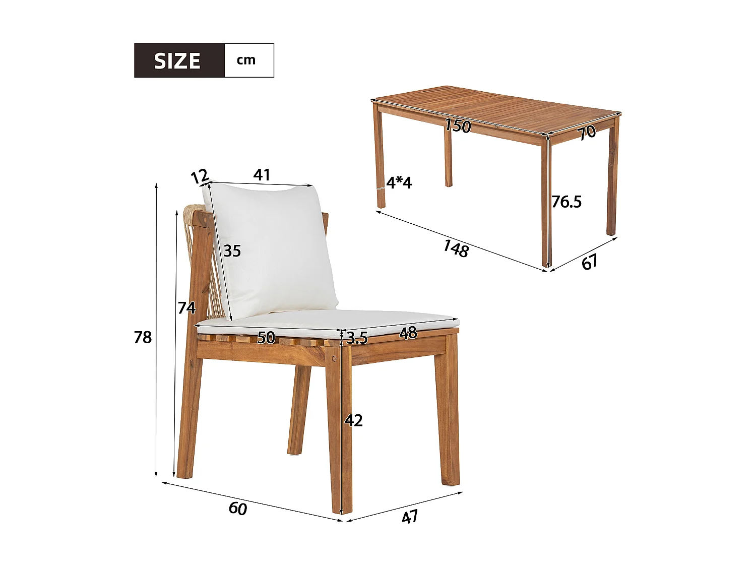 Ensemble table et chaise de jardin 6 places - avec 1 table + 6 chaises - Structure et plateau en bois massif - beige