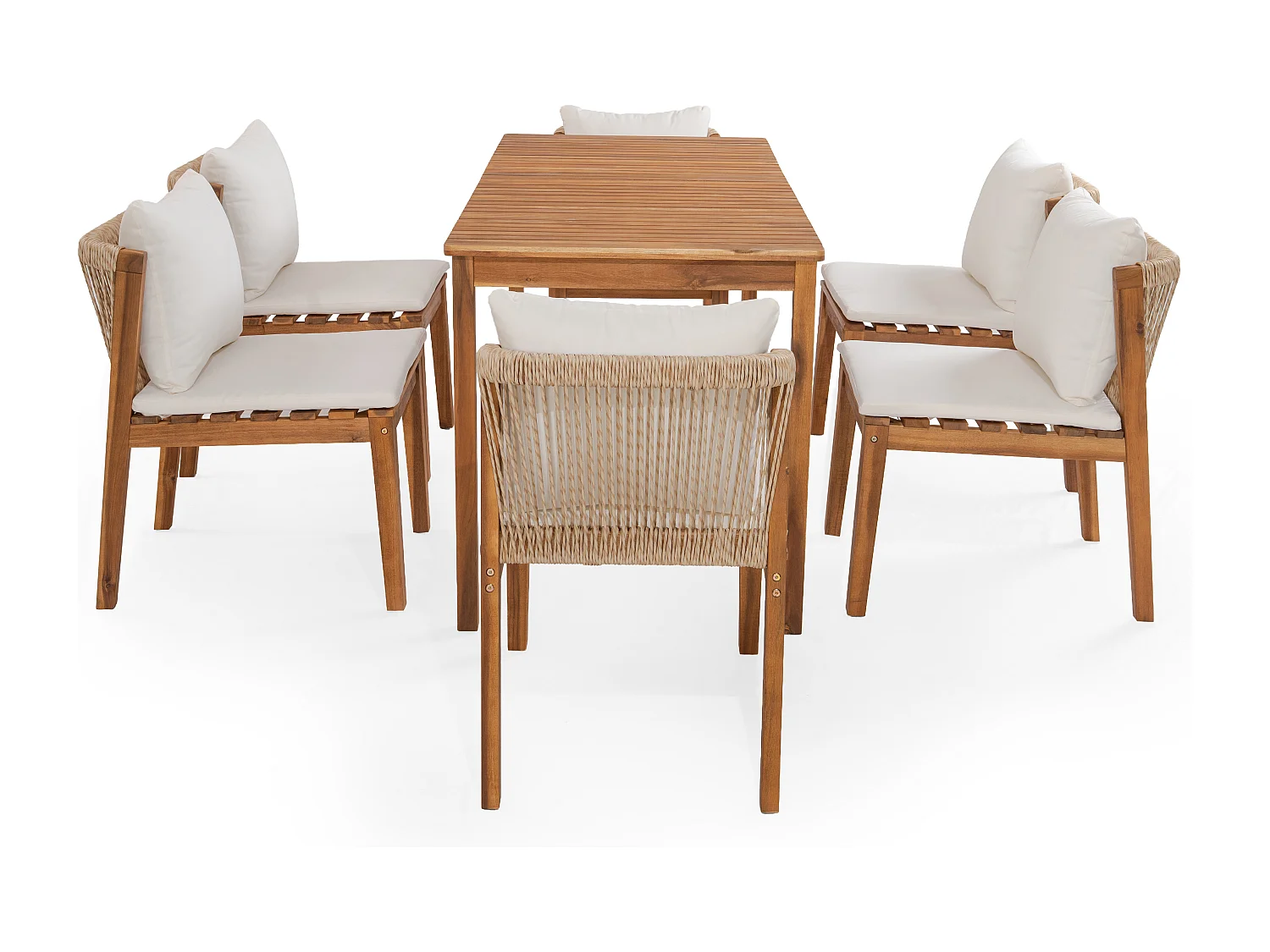 Ensemble table et chaise de jardin 6 places - avec 1 table + 6 chaises - Structure et plateau en bois massif - beige