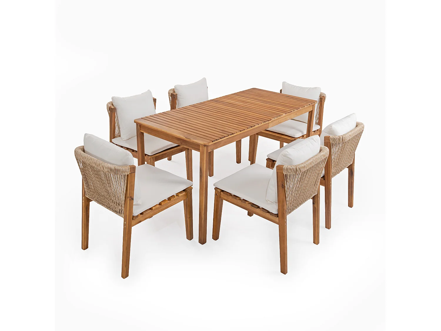 Ensemble table et chaise de jardin 6 places - avec 1 table + 6 chaises - Structure et plateau en bois massif - beige