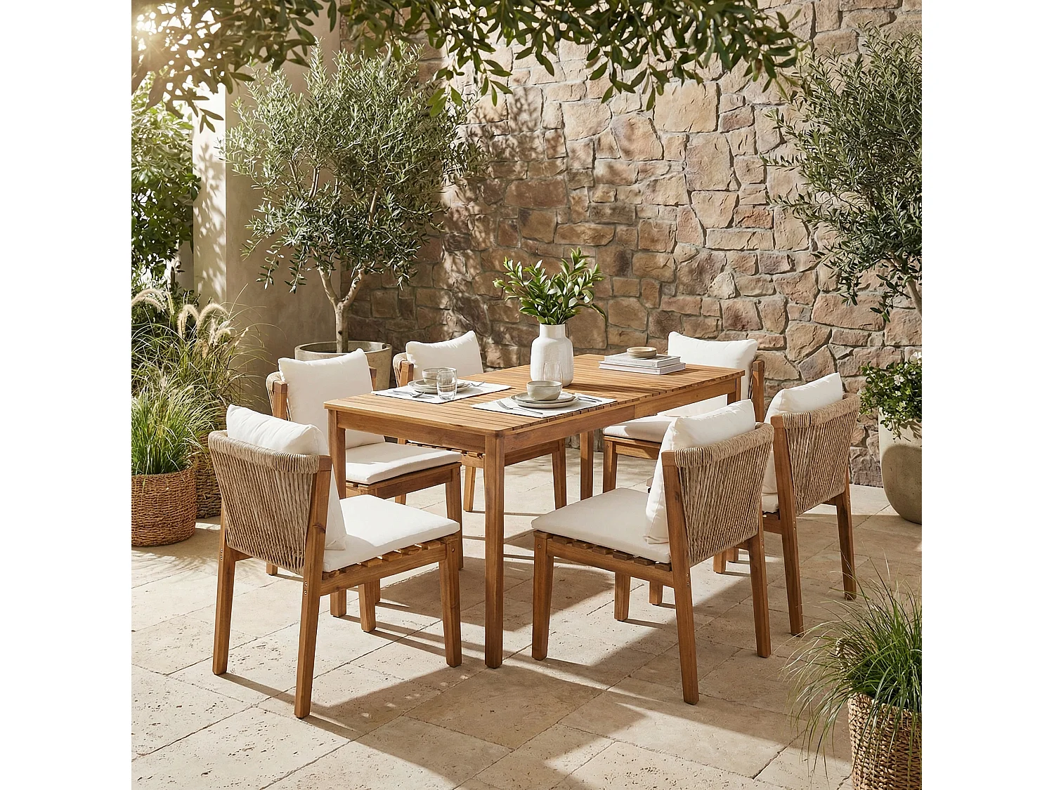 Ensemble table et chaise de jardin 6 places - avec 1 table + 6 chaises - Structure et plateau en bois massif - beige