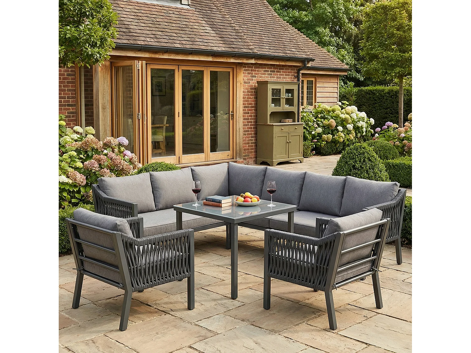 Ensemble salon de jardin 8 places - avec canapé d'angle + 1 table + 2 fauteuils - métal + Polyester - gris