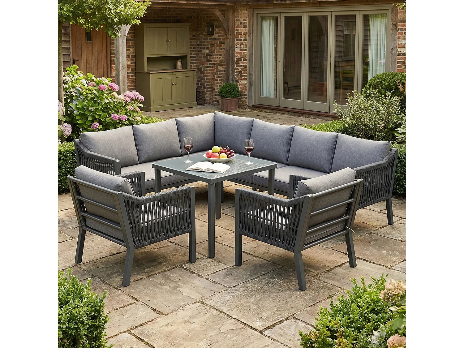 Ensemble salon de jardin 8 places - avec canapé d'angle + 1 table + 2 fauteuils - métal + Polyester - gris