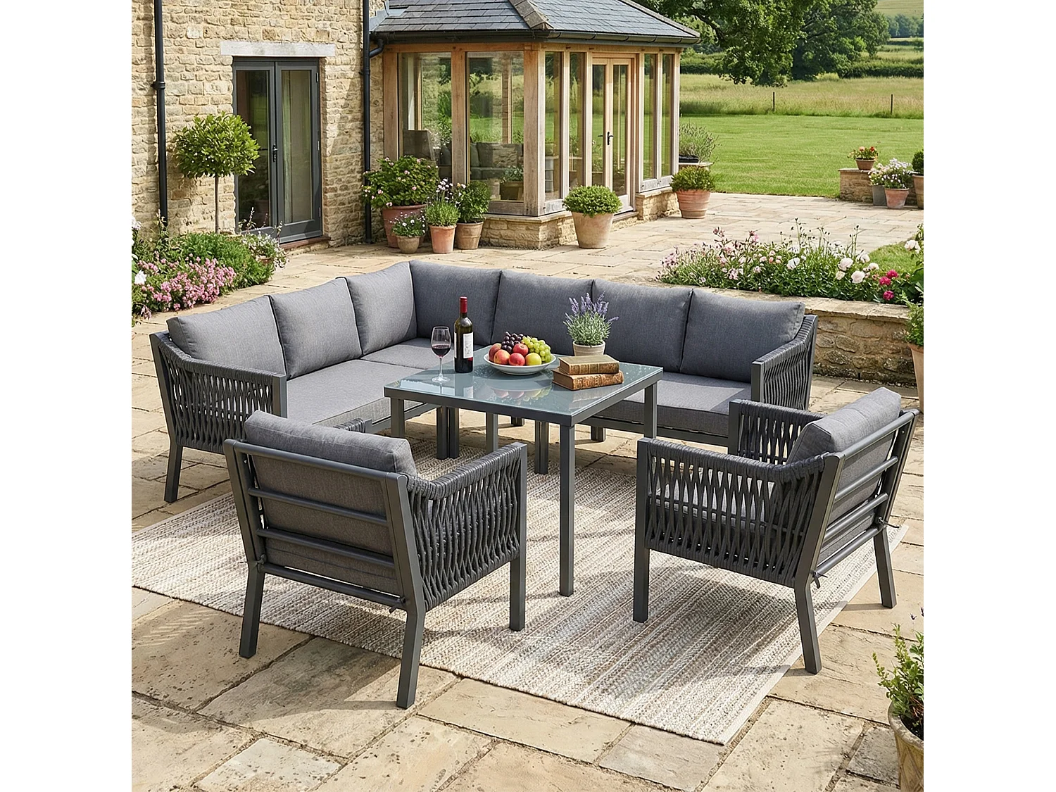 Ensemble salon de jardin 8 places - avec canapé d'angle + 1 table + 2 fauteuils - métal + Polyester - gris