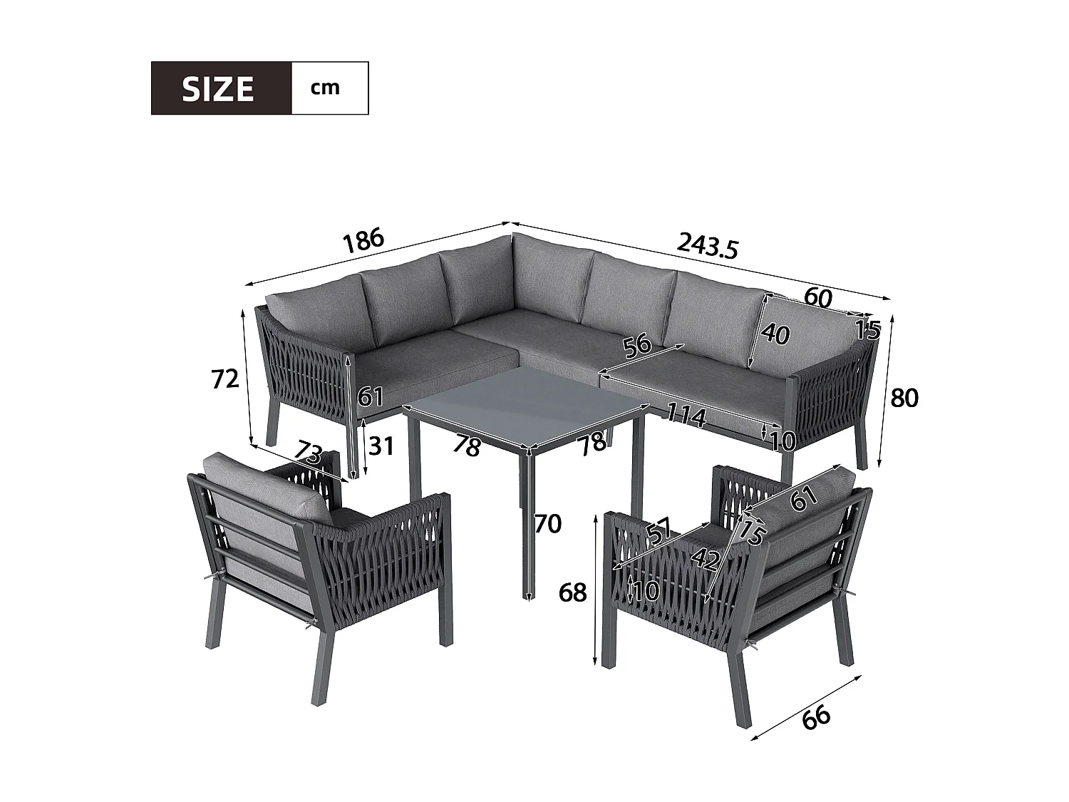 Ensemble salon de jardin 8 places - avec canapé d'angle + 1 table + 2 fauteuils - métal + Polyester - gris