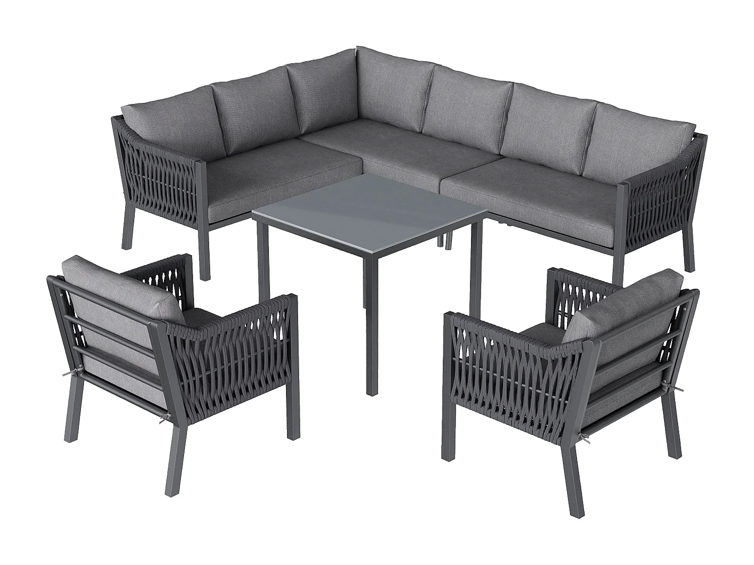 Ensemble salon de jardin 8 places - avec canapé d'angle + 1 table + 2 fauteuils - métal + Polyester - gris