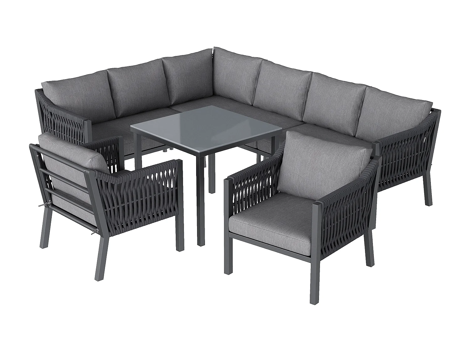 Ensemble salon de jardin 8 places - avec canapé d'angle + 1 table + 2 fauteuils - métal + Polyester - gris