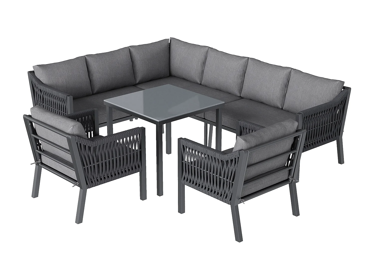 Ensemble salon de jardin 8 places - avec canapé d'angle + 1 table + 2 fauteuils - métal + Polyester - gris