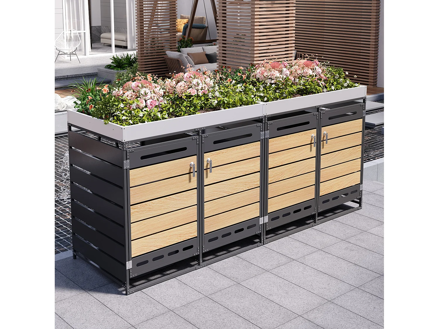 Cobertizo para 4 contenedores de jardín - 2 x 131 x 79 x 120 cm - con jardinera + cerradura + 2 puertas - metal - negro