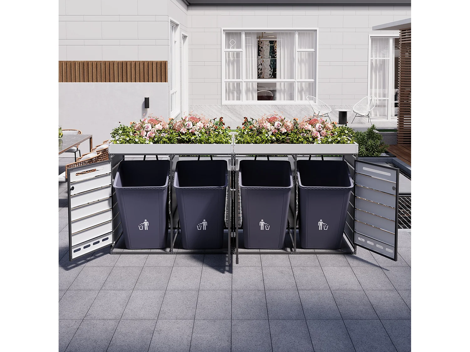 Cobertizo para 4 contenedores de jardín - 2 x 131 x 79 x 120 cm - con jardinera + cerradura + 2 puertas - metal - negro