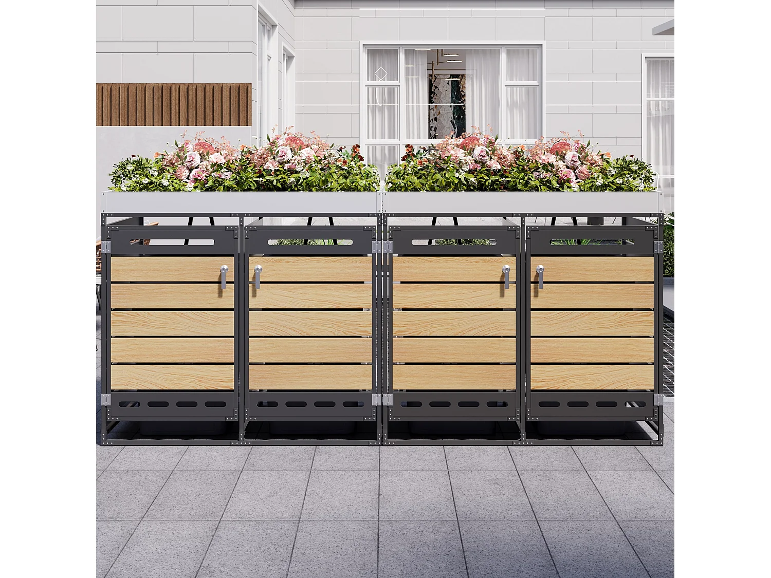 Cobertizo para 4 contenedores de jardín - 2 x 131 x 79 x 120 cm - con jardinera + cerradura + 2 puertas - metal - negro