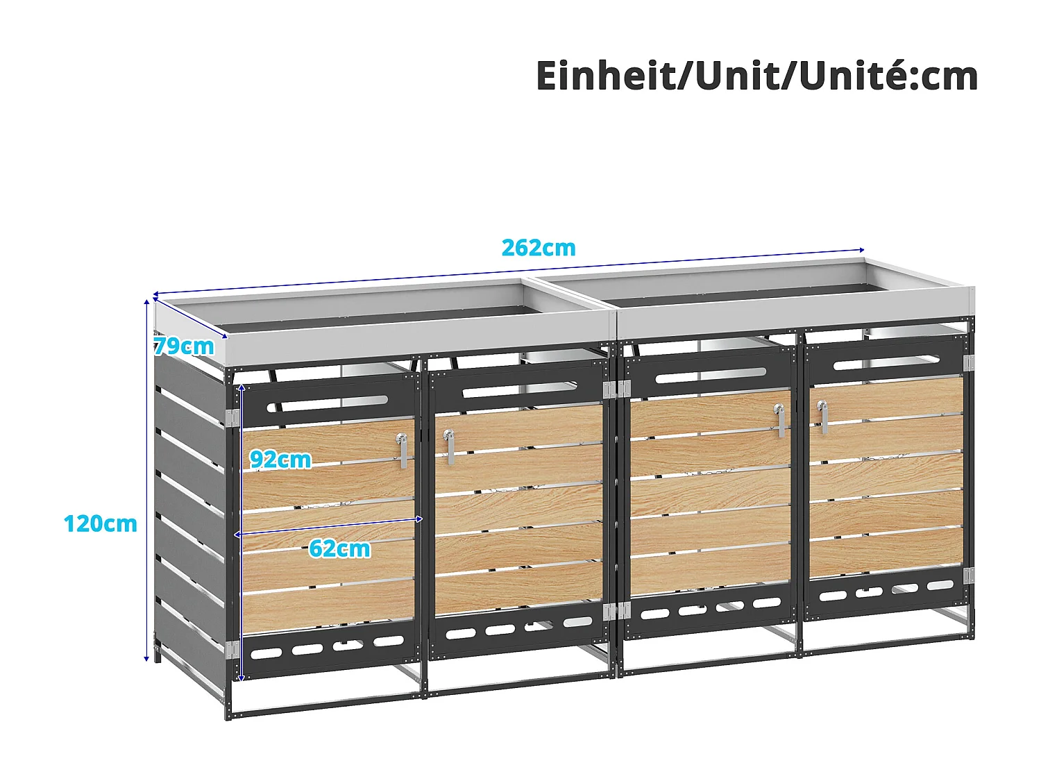 Cobertizo para 4 contenedores de jardín - 2 x 131 x 79 x 120 cm - con jardinera + cerradura + 2 puertas - metal - negro