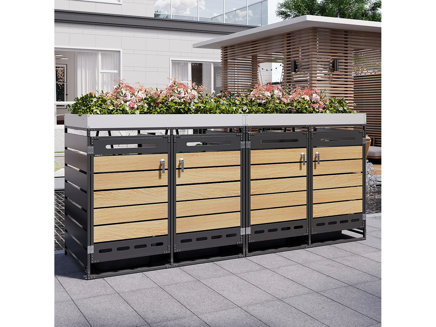 Cobertizo para 4 contenedores de jardín - 2 x 131 x 79 x 120 cm - con jardinera + cerradura + 2 puertas - metal - negro