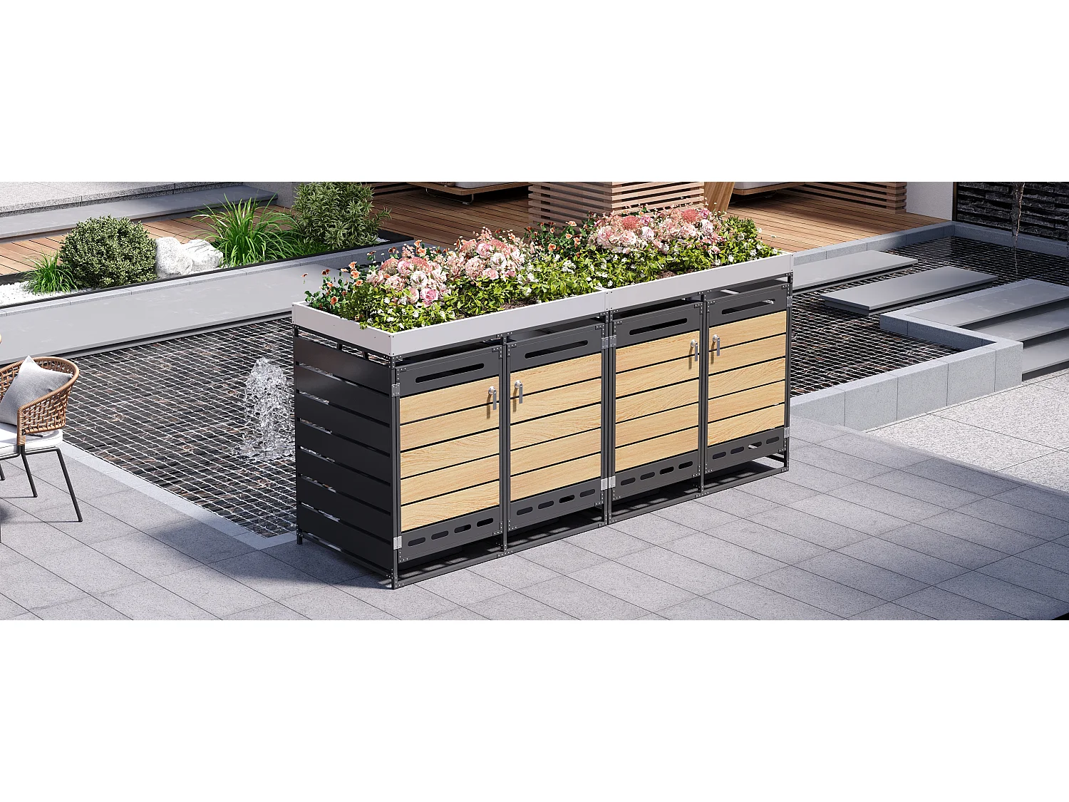 Cobertizo para 4 contenedores de jardín - 2 x 131 x 79 x 120 cm - con jardinera + cerradura + 2 puertas - metal - negro