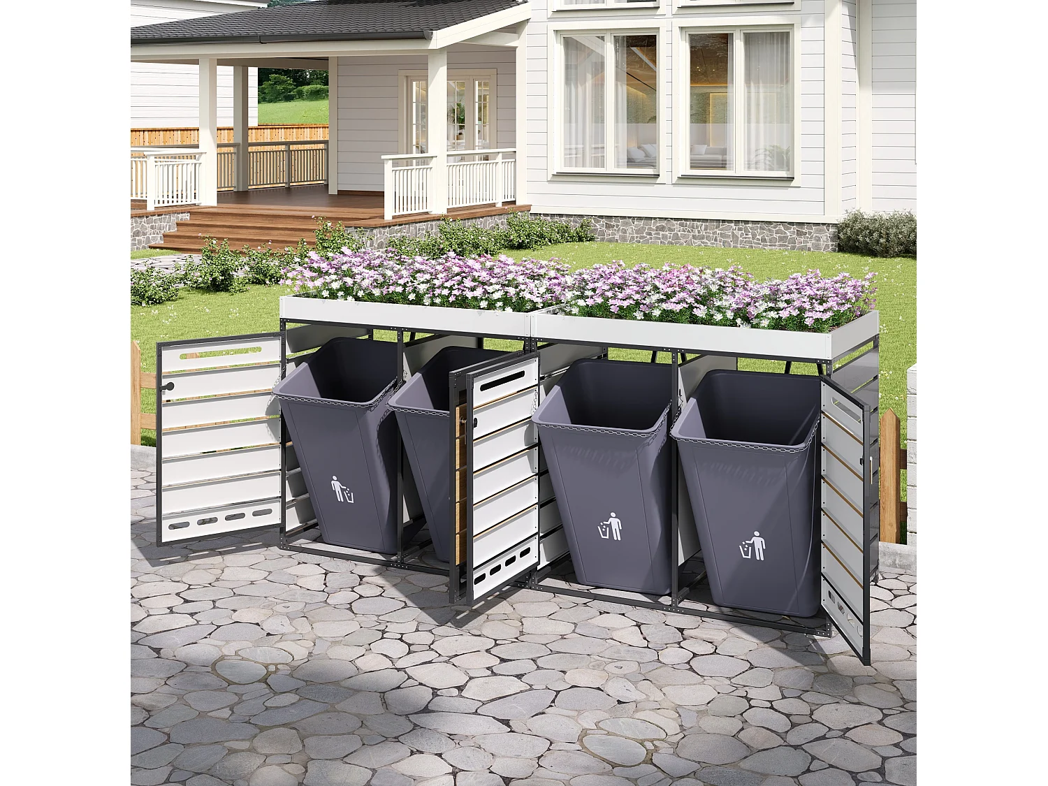 Cobertizo para 4 contenedores de jardín - 2 x 131 x 79 x 120 cm - con jardinera + cerradura + 2 puertas - metal - negro