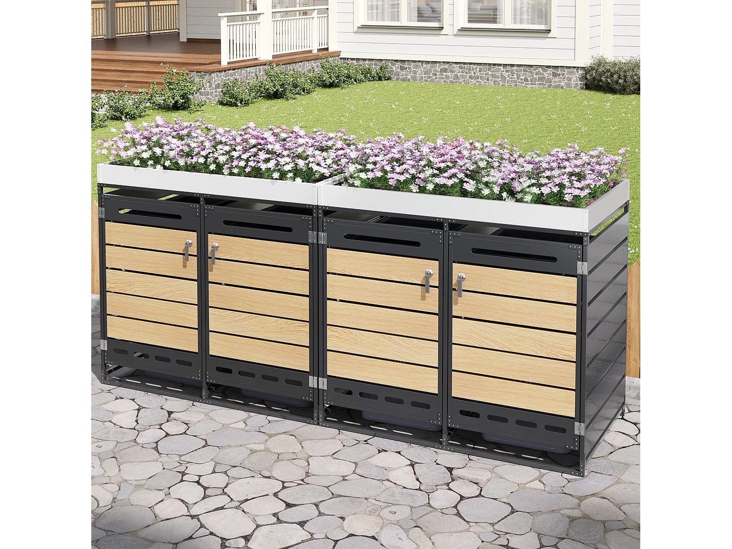 Cobertizo para 4 contenedores de jardín - 2 x 131 x 79 x 120 cm - con jardinera + cerradura + 2 puertas - metal - negro