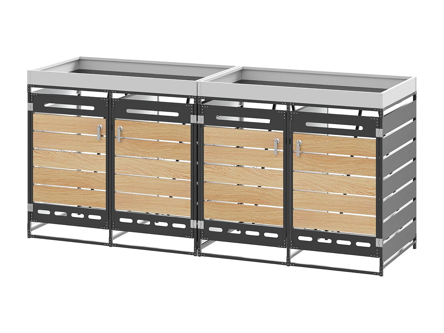 Cobertizo para 4 contenedores de jardín - 2 x 131 x 79 x 120 cm - con jardinera + cerradura + 2 puertas - metal - negro