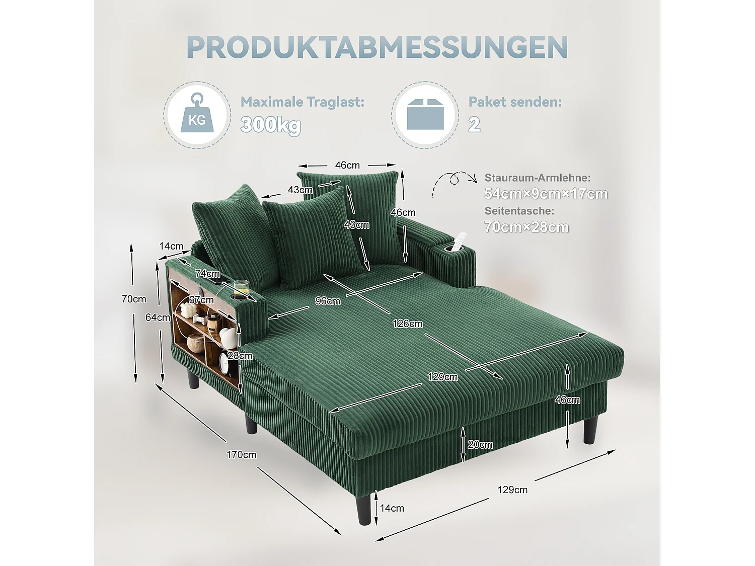 Zweisitzige Chaiselongue aus Cord – 170 x 129 x 70 cm – mit Getränkehaltern, LED-Beleuchtung, USB-Anschluss, Ablagen und Tasche – grün
