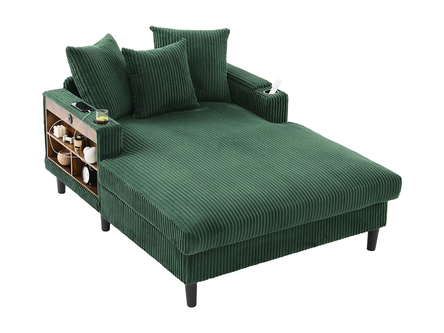 Zweisitzige Chaiselongue aus Cord – 170 x 129 x 70 cm – mit Getränkehaltern, LED-Beleuchtung, USB-Anschluss, Ablagen und Tasche – grün