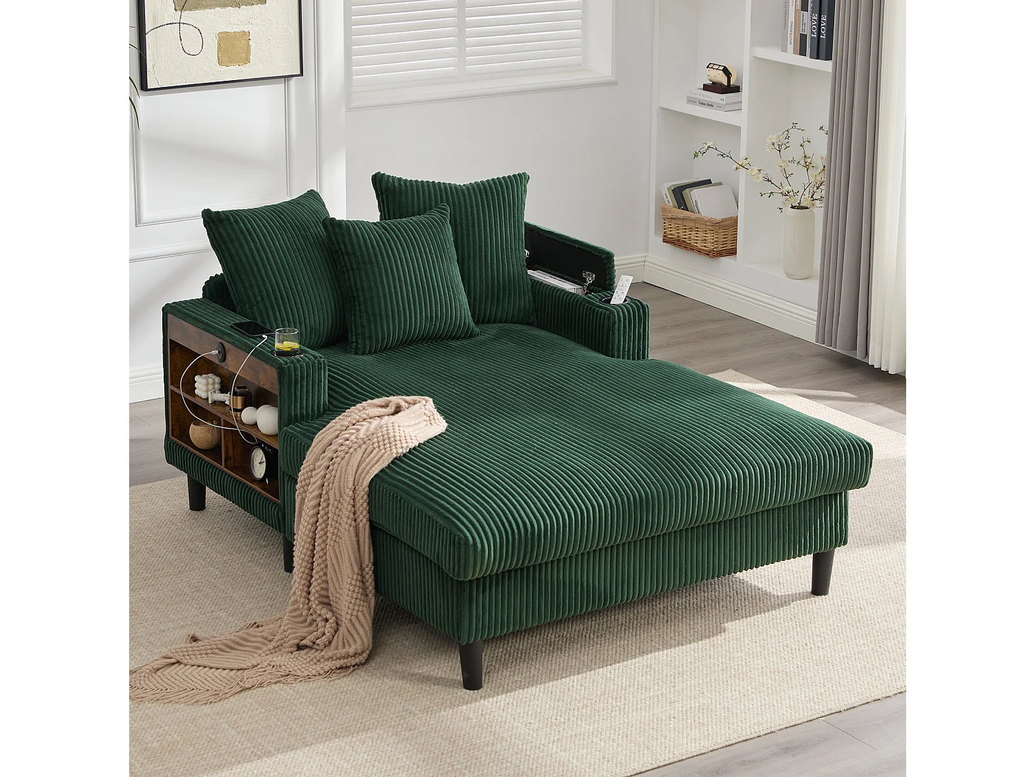 Zweisitzige Chaiselongue aus Cord – 170 x 129 x 70 cm – mit Getränkehaltern, LED-Beleuchtung, USB-Anschluss, Ablagen und Tasche – grün