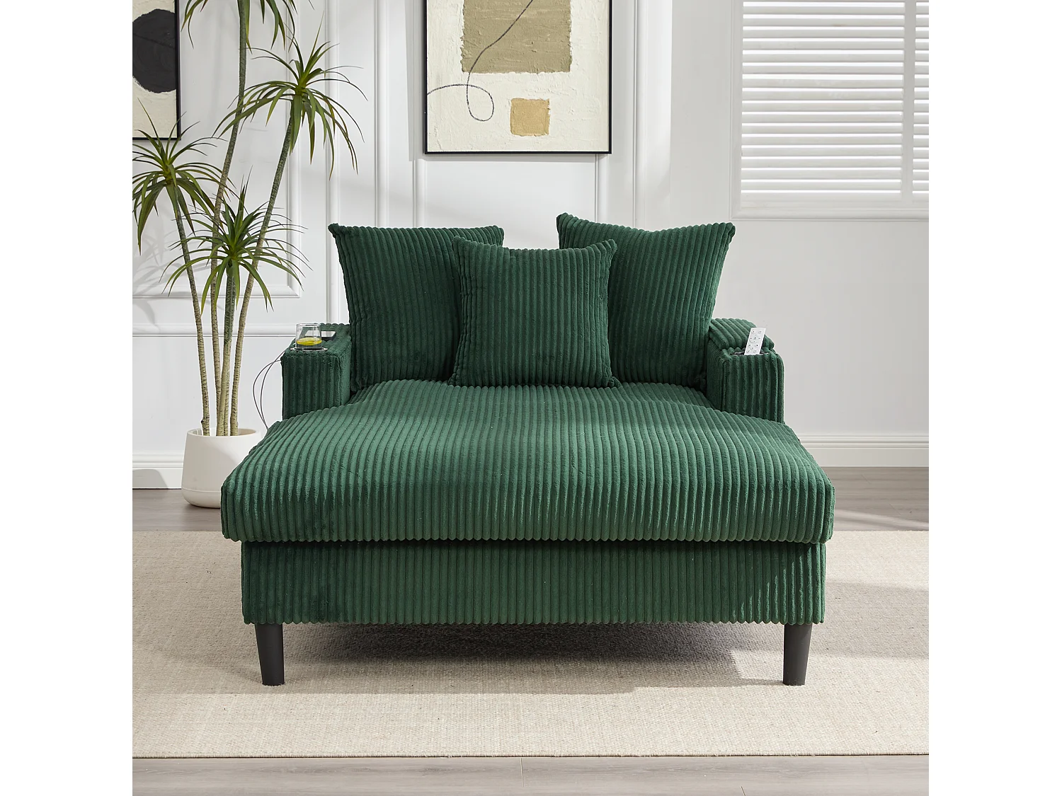 Zweisitzige Chaiselongue aus Cord – 170 x 129 x 70 cm – mit Getränkehaltern, LED-Beleuchtung, USB-Anschluss, Ablagen und Tasche – grün