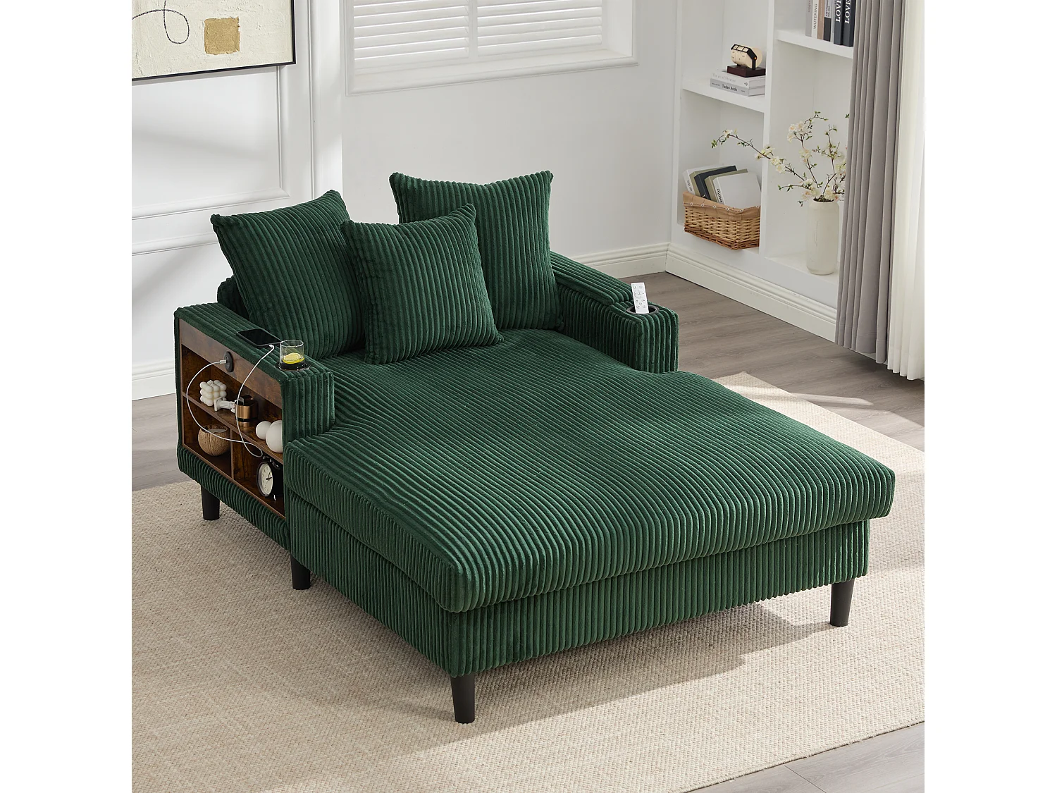 Zweisitzige Chaiselongue aus Cord – 170 x 129 x 70 cm – mit Getränkehaltern, LED-Beleuchtung, USB-Anschluss, Ablagen und Tasche – grün