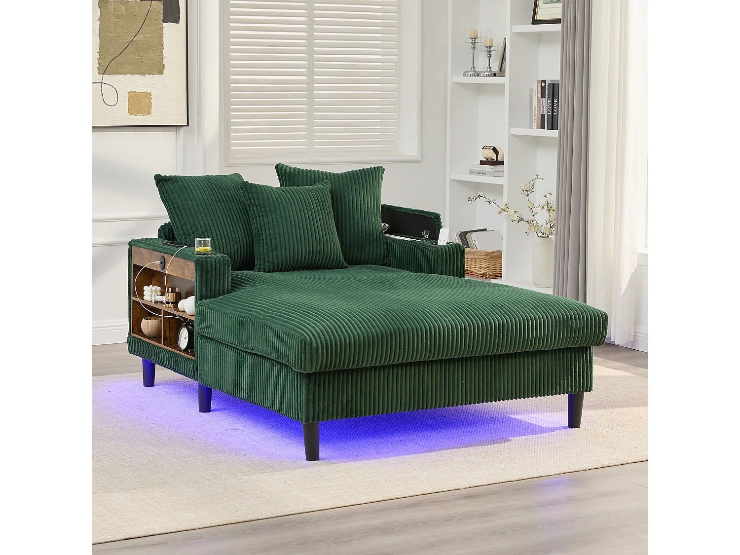 Zweisitzige Chaiselongue aus Cord – 170 x 129 x 70 cm – mit Getränkehaltern, LED-Beleuchtung, USB-Anschluss, Ablagen und Tasche – grün