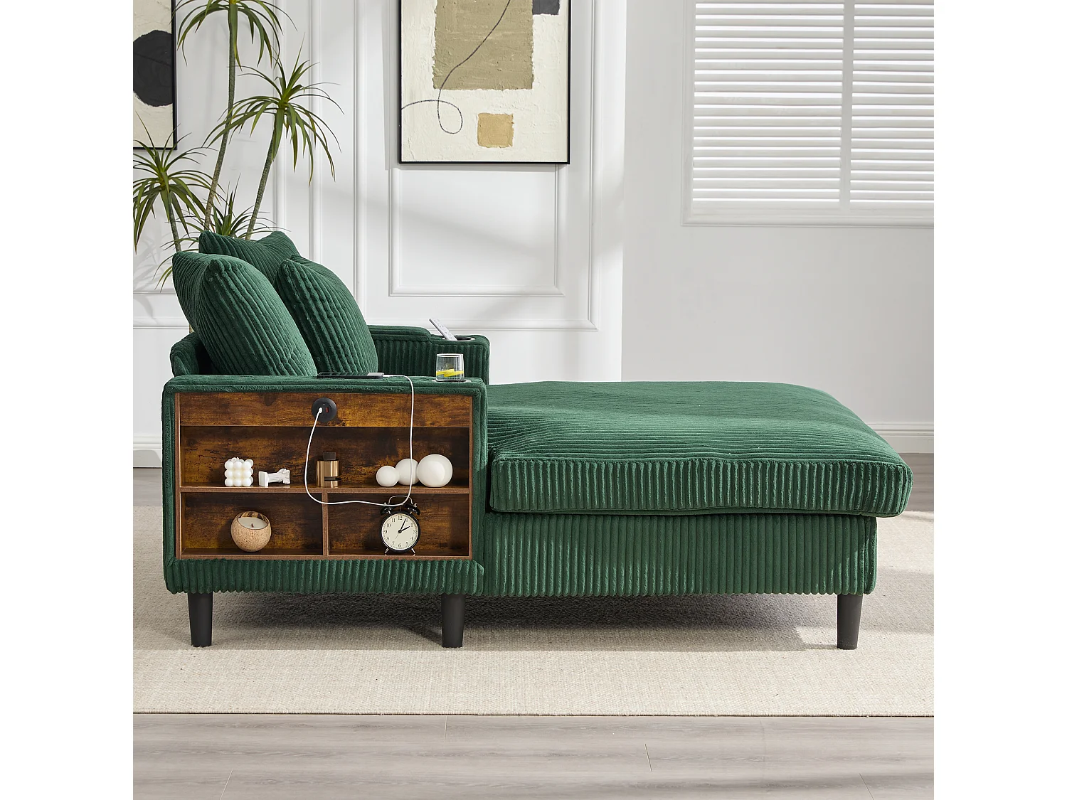 Zweisitzige Chaiselongue aus Cord – 170 x 129 x 70 cm – mit Getränkehaltern, LED-Beleuchtung, USB-Anschluss, Ablagen und Tasche – grün