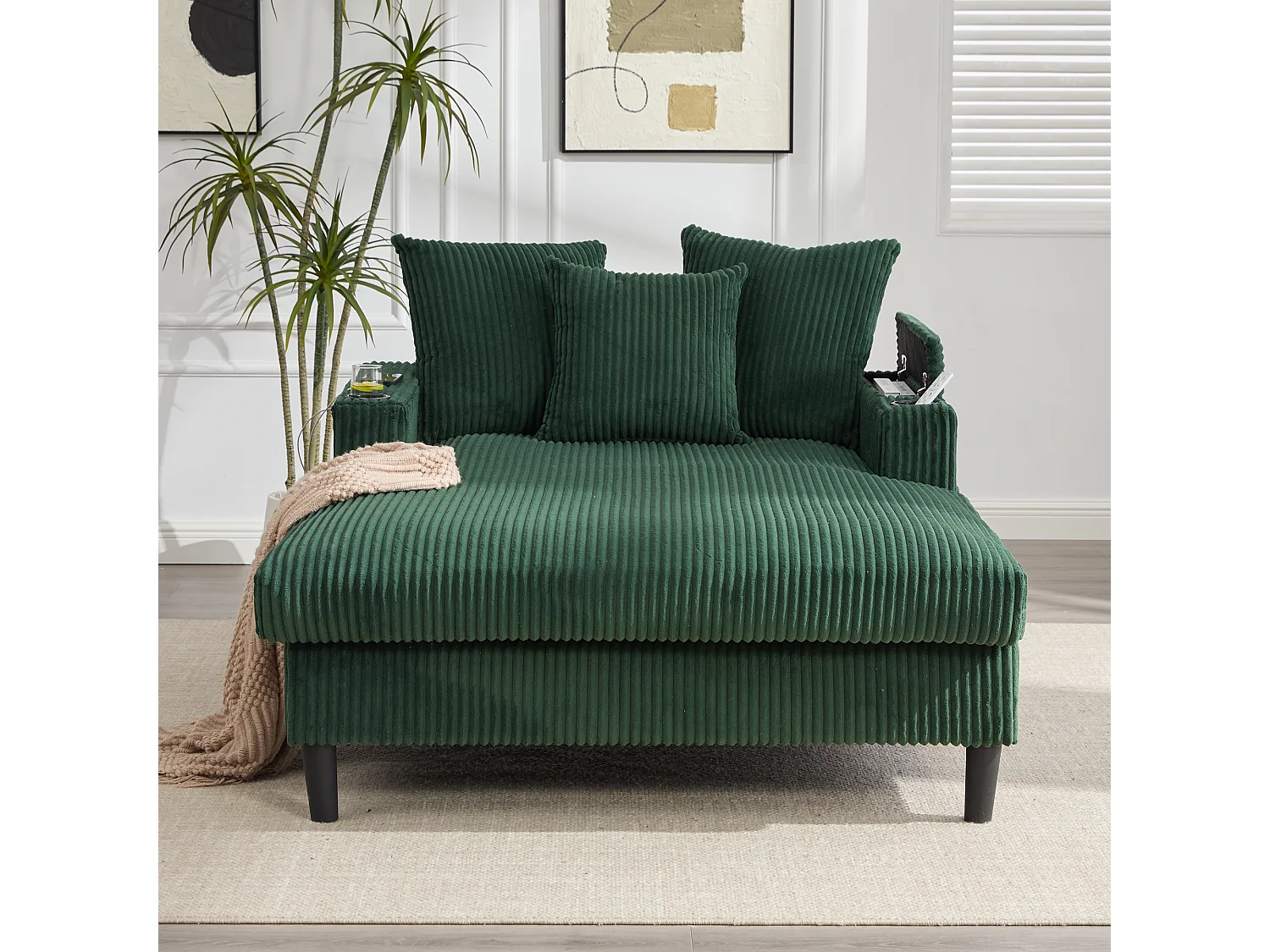 Zweisitzige Chaiselongue aus Cord – 170 x 129 x 70 cm – mit Getränkehaltern, LED-Beleuchtung, USB-Anschluss, Ablagen und Tasche – grün