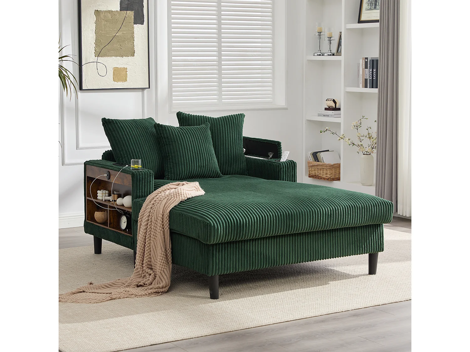 Zweisitzige Chaiselongue aus Cord – 170 x 129 x 70 cm – mit Getränkehaltern, LED-Beleuchtung, USB-Anschluss, Ablagen und Tasche – grün