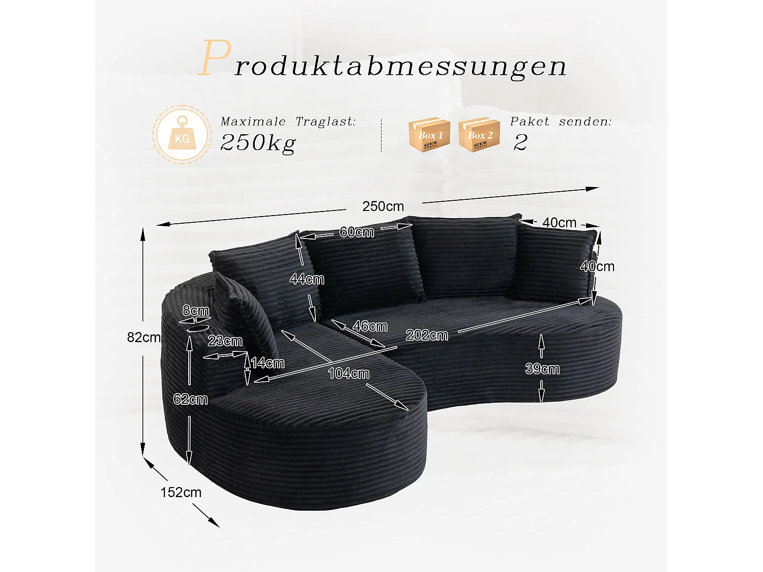 Canapé 3 places en velours côtelé - 250 x 152 x 82 cm - avec porte-gobelet + poche + coussins - noir