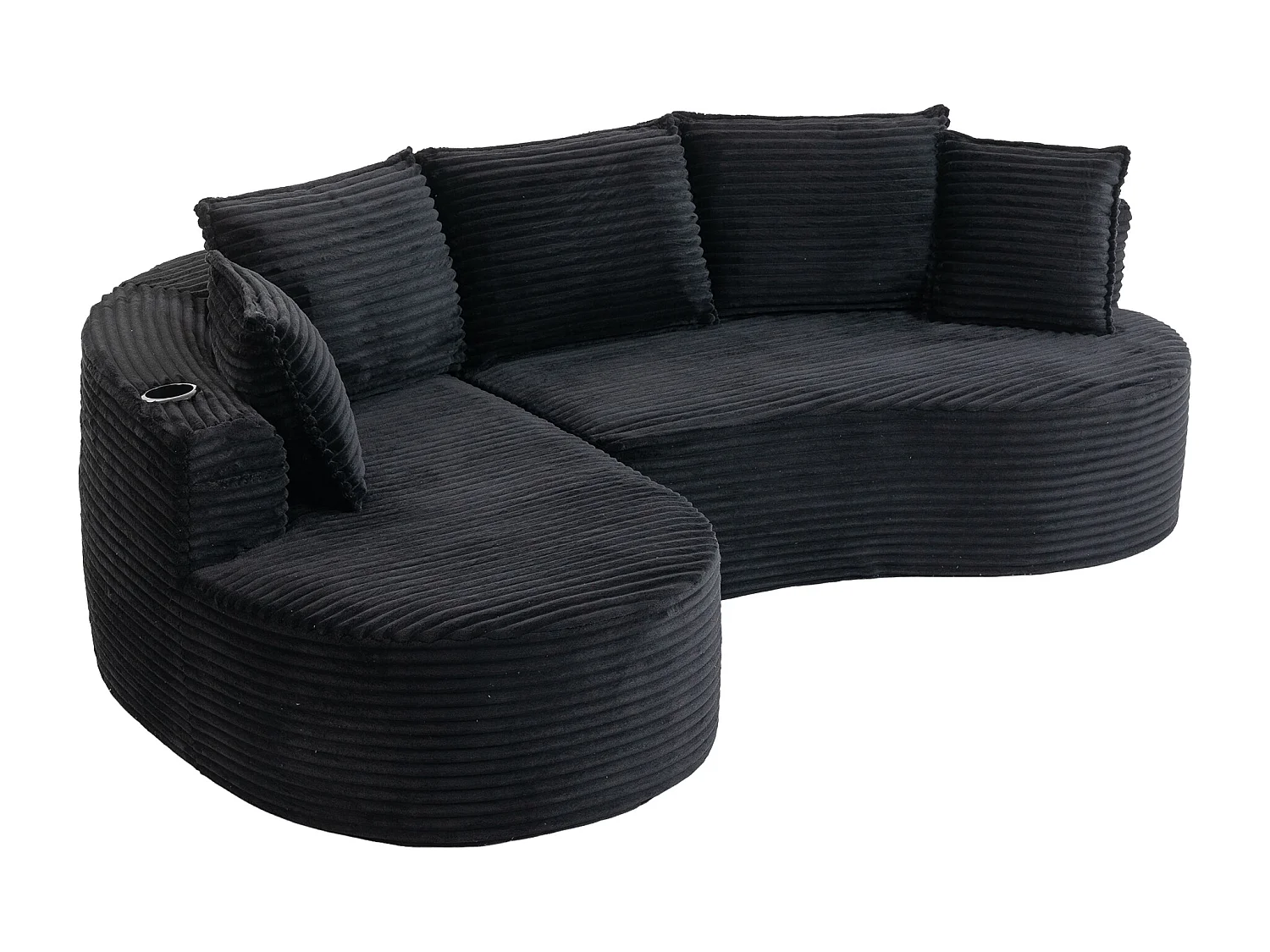 Canapé 3 places en velours côtelé - 250 x 152 x 82 cm - avec porte-gobelet + poche + coussins - noir