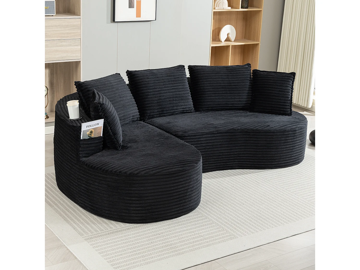 Canapé 3 places en velours côtelé - 250 x 152 x 82 cm - avec porte-gobelet + poche + coussins - noir