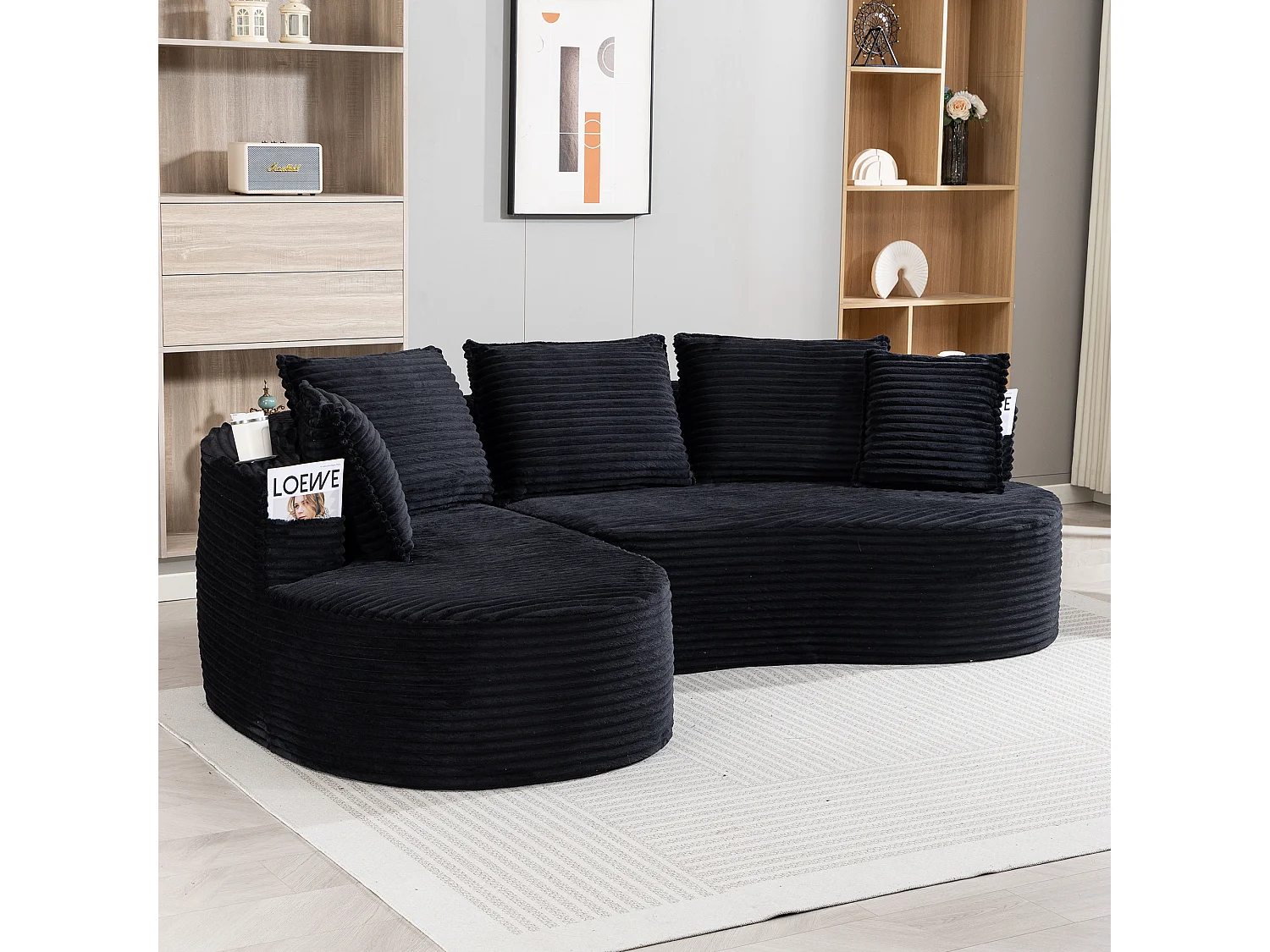 Canapé 3 places en velours côtelé - 250 x 152 x 82 cm - avec porte-gobelet + poche + coussins - noir