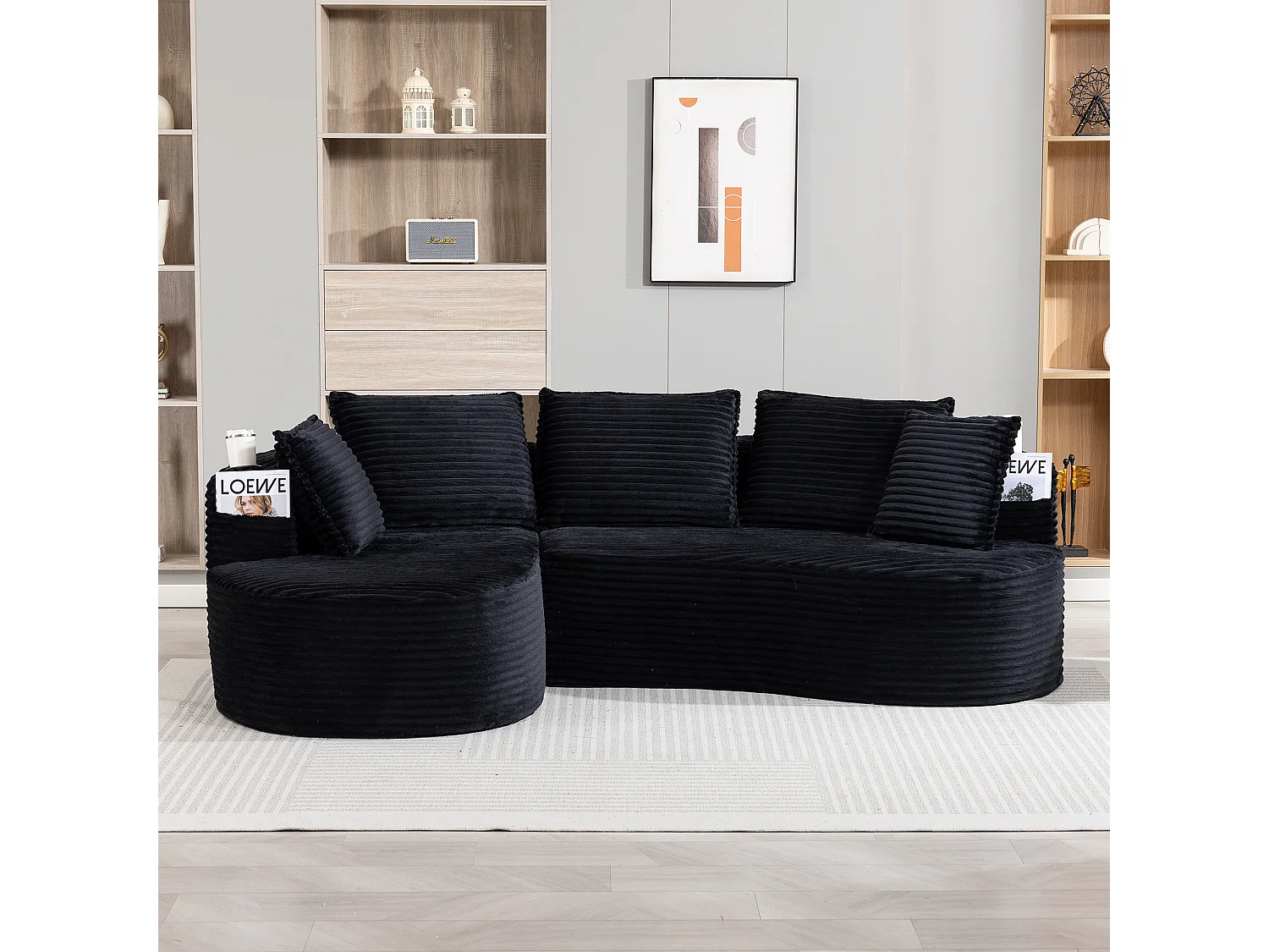 Canapé 3 places en velours côtelé - 250 x 152 x 82 cm - avec porte-gobelet + poche + coussins - noir