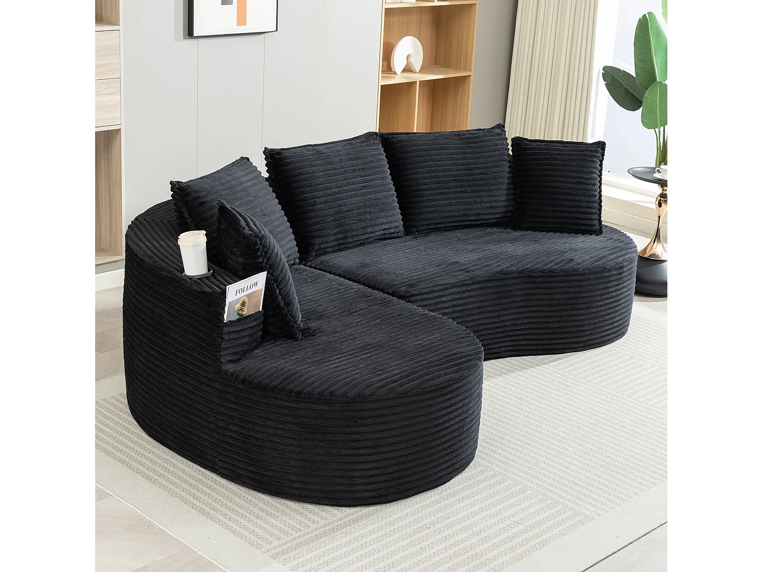 Canapé 3 places en velours côtelé - 250 x 152 x 82 cm - avec porte-gobelet + poche + coussins - noir