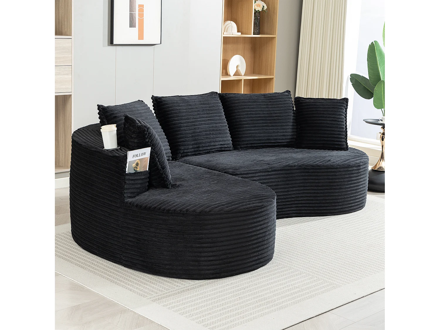 Canapé 3 places en velours côtelé - 250 x 152 x 82 cm - avec porte-gobelet + poche + coussins - noir