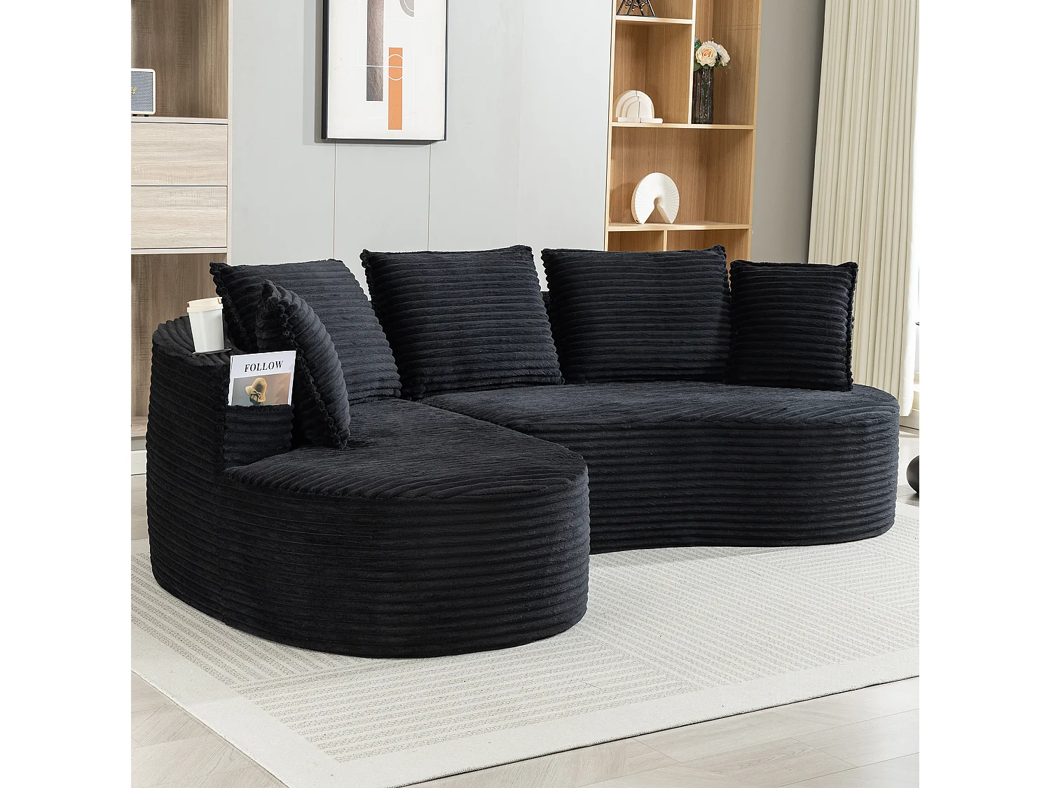 Canapé 3 places en velours côtelé - 250 x 152 x 82 cm - avec porte-gobelet + poche + coussins - noir